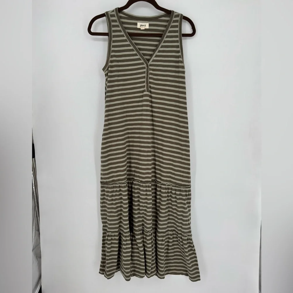 Pact Organic Cotton Olive Green Stripe Relaxed Slub Patio Dress - Picture 2 of 5